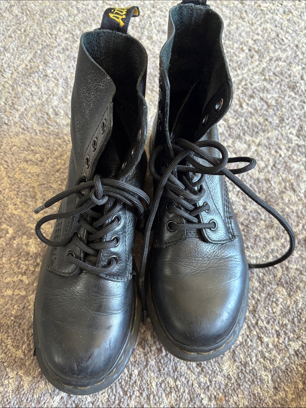 Dr. Martens Black Leather Lace-Up Boots with Yellow Brand Loop in 6
